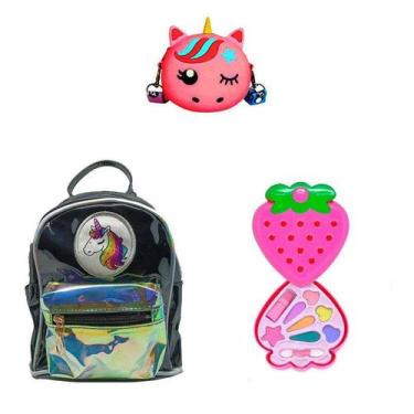 Imagem de Mochila Preta Unicórnio, Bolsa e Maquiagem Morango Infantil - BD Net