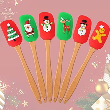 Imagem de Qinyoung Espátula de silicone de Natal, batedor vermelho e verde, cabo de madeira, padrão de Papai Noel, espátula de bolo de Natal com alça para misturar creme de manteiga
