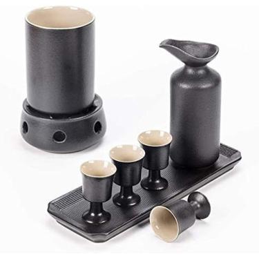 Imagem de JOEUQK Conjunto de copos de saquê, conjunto de saquê japonês de 8 peças, conjunto de taça de vinho de esmalte preto de 283 g com fogão de vela e bandeja de aquecimento, conjunto de saquê pitoresco