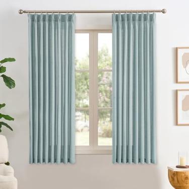 Imagem de Cortinas plissadas de linho azul claro 113 cm de comprimento, plissadas, semitransparentes, texturizadas, ganchos, aba traseira, cortina de filtragem de luz moderna costeira, 2 painéis para sala de
