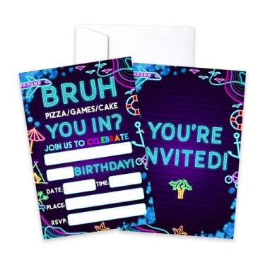 Imagem de CLIRBE Convites de festa de aniversário Bruh, Convites de aniversário de neon brilhante para irmão irmão meninos adolescentes, 20 cartões de convites com 20 envelopes, lembrancinhas de artigos de