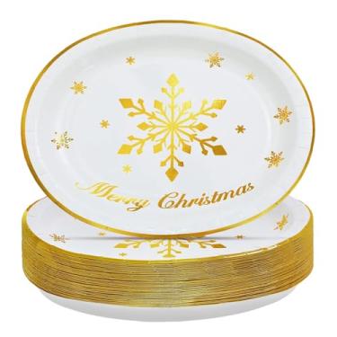Imagem de Grencian 50 peças de pratos ovais de papel de floco de neve de Natal, 25,4 x 30,5 cm, grandes, descartáveis, resistentes, folhas douradas, pratos de festa de Natal, pratos de sobremesa de Natal para