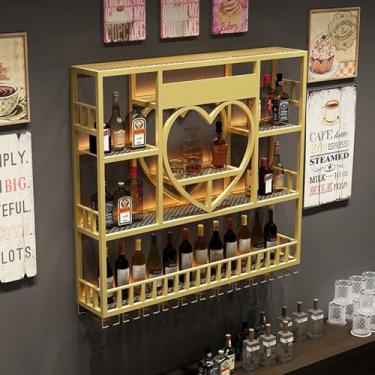 Imagem de HGTRH Rack de vinho montado na parede com luzes, prateleiras flutuantes de unidade de bar, prateleiras flutuantes montadas na parede, prateleira de garrafa de vinho de ferro industrial, unidade de bar