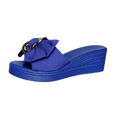 Imagem de Sandálias femininas casuais de verão com laço com sola grossa de 7,5 cm para uso externo e interno, Azul royal, 39