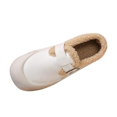 Imagem de Botas femininas modernas casuais de inverno com forro quente de veludo design grosso para uso ao ar livre, Branco, 36