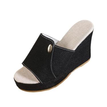 Imagem de Sandálias femininas de salto plataforma com design de boca de peixe, estilo slip-on e plataforma grossa para conforto, Preto, 38