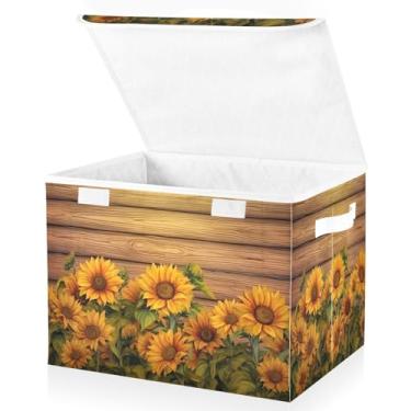 Imagem de Blueangle Cestos de armazenamento de girassóis em tábua de madeira com tampas, 42 x 32 x 30 cm, grande cesta organizadora dobrável para decoração de escritório e armário (92)