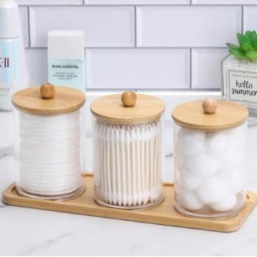 Imagem de Kit 3 Porta Algodão Cotonete Organizador Acrílico Tampa Bambu Disco Maquiagem (1)