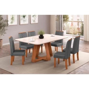 Imagem de Conjunto: Mesa de Cozinha Kiara c/ Tampo Madeirado c/ Vidro Curvo 160x90cm e 6 Cadeiras Ayla Freijo/Off White - Suede Lunar - DJ Móveis