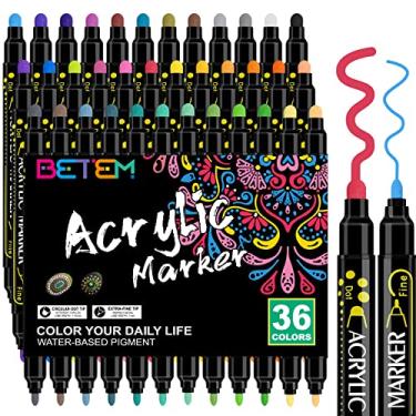 Imagem de Betem Canetas de tinta acrílica de ponta dupla de 36 cores, canetas de tinta acrílica premium para madeira, tela, pedra, pintura rupestre, vidro, superfícies de cerâmica, artesanato faça você mesmo