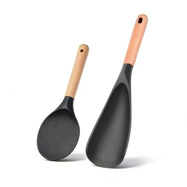Imagem de Colher de cozinha pacote com 2: colher de espátula de silicone multifuncional com cabo de madeira e colher de arroz para panelas antiaderentes - conjunto de utensílios de cozinha resistentes ao calor