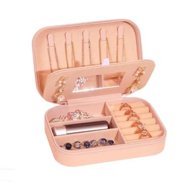 Imagem de PINGANBUSU Caixa de joias para mulheres, organizador de joias de viagem com armazenamento de camada dupla para anéis, colares, pulseiras, brincos, estojo pequeno portátil de couro PU para uso em mala
