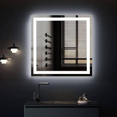 Imagem de Espelho Quadrado 60x60 Led Jateado Touch Premium Banheiro Lavabo Frio
