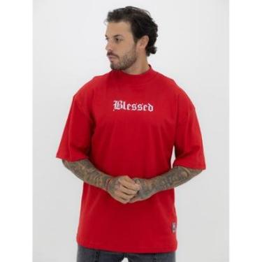 Imagem de Camiseta Oversized Gola Alta Estampa Abençoado Streetwear Algodão Premium Vermelho-Masculino