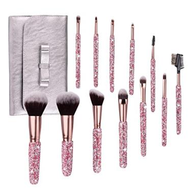 Imagem de Pincéis de maquiagem Bling Crystal Professional Face Cosmetics Blending Liquid Foundation Powder corretivo sombras para os olhos Ferramenta de beleza para maquiagem Glitter com bolsa Kit puramente feito à mão (12 peças) (rosa)