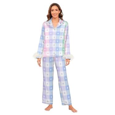 Imagem de GuoChe Conjunto de pijama feminino de seda macia, conjunto de pijamas de festa única P estrelas fofas búfalo, Linda estrela búfalo xadrez xadrez xadrez Escócia colorido, GG