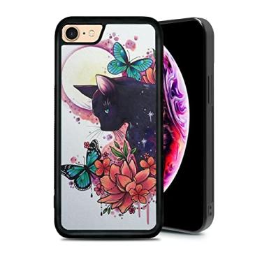 Imagem de RSMTCI Capa de gato preto para iPhone 7/8/SE capa de silicone ultra à prova de choque proteção engraçada linda flor borboleta capa de telefone para meninas mulheres capa de bebê, 4,7 polegadas preta