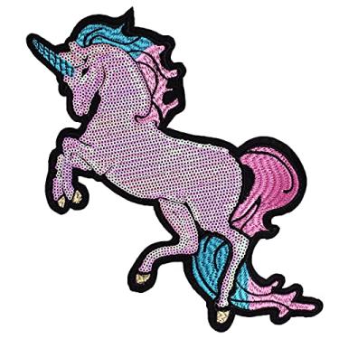 Imagem de LOCOMO Patch de lantejoulas de unicórnio rosa grande costurado no remendo cintilante pequeno pônei criando aplique para crianças, meninas, mulheres, roupas, jaqueta, decoração de mochila