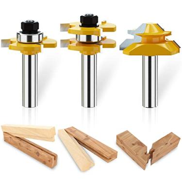 Imagem de Conjunto de ferramentas de fresa de lingueta e ranhura com haste de 1/2 polegada, 3 dentes em forma de T, ferramenta para carpintaria, fresa de esquadria de bloqueio de 45 graus, fresa de junta de 3