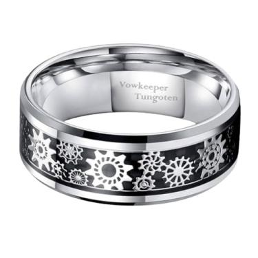 Imagem de Anel de casamento masculino de tungstênio preto de 8 mm, incrustado com padrão de engrenagem azul, estilo vintage industrial steampunk, aliança de casamento tamanho 7-13, Metal, Sem pedra preciosa