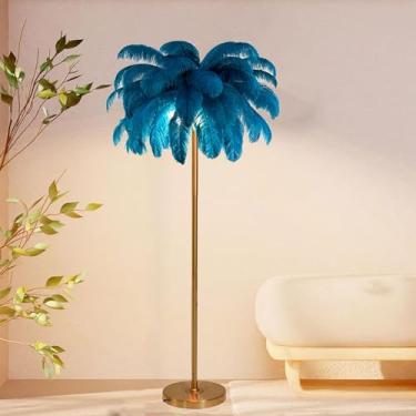 Imagem de Lâmpada de leitura de chão, luminária de chão moderna de penas de avestruz de luxo com abajur de penas, proteção para os olhos, lâmpada de canto alta regulável para escritório, sala de estudo