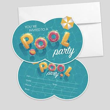 Imagem de AEHIE 20 conjuntos de convites de aniversário de preenchimento em forma de festa na piscina com envelopes, convites de festa de aniversário de verão para meninos, meninas, adolescentes, adultos,