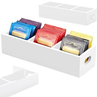 Imagem de Organizador de saquinhos de chá, recipiente de saquinho de chá de madeira, 3 compartimentos para saquinhos de chá, suporte de pacote de açúcar, caixa de saco de chá para bancada (branco)