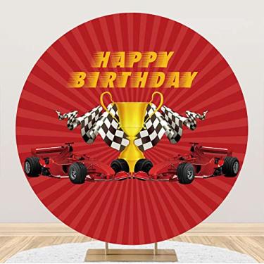 Imagem de Laeacco 2,3 x 2,3 m com tema de carro de corrida de aniversário redondo campeão troféu preto branco grade bandeira círculo fundo vermelho foto fundo para meninos homens festa aniversário bolo