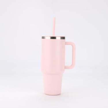 Imagem de ZAFiNCO Copo de 1,134 g com alça. Copo selado a vácuo com tampa e canudo. Garrafa de água reutilizável de aço inoxidável de parede dupla à prova de derramamento para uso diário (rosa, 1,134 g)