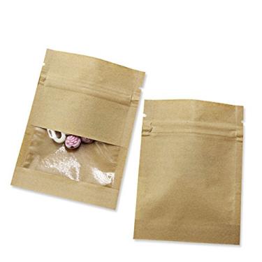 Imagem de 100 unidades de bolsa de papel kraft para janela com zíper, à prova de cheiro, bolsa de armazenamento de alimentos plana para fecho, fechadura, doces, café, chá, sal, bolsa de embalagem com entalhe de lágrima (7 x 9 cm), marrom)