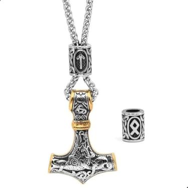 Imagem de Colar Masculino com Martelo de Thor com Runa em Aço Inoxidável | Cordão Dourado com Pingente Viking de Odin - Mjolnir Amuleto Nórdico de Proteção Para Presentear Homens Com Espirito de Guerreiros