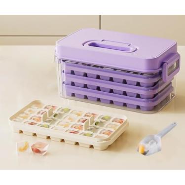 Imagem de Bandejas de gelo com tampas, concha e balde de gelo, 28/84 peças, molde portátil de silicone para cubos de gelo com caixa de gelo reutilizável para geladeira (roxo, 3 camadas (84 peças))