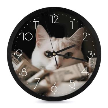 Imagem de YJWANDL Relógio de parede, gato branco e pilha de dólares, relógios de parede redondos de 25 cm, ponteiro silencioso, operado por bateria, relógio de parede para casa, cozinha