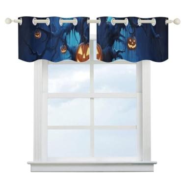 Imagem de Cortina blecaute azul de abóbora de Halloween, escurecimento de quarto, cortinas de janela curtas, isolamento térmico, para cozinha, sala de jantar, quarto, 2 painéis 132 x 46 cm