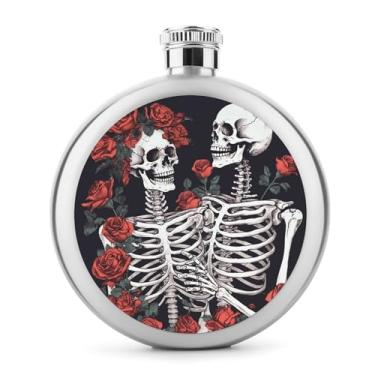 Imagem de Cantil de aço inoxidável, rosa e esqueleto impresso cantil de metal clássico cantil garrafa de viagem garrafa portátil licor
