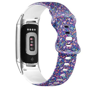 Imagem de Pulseira de silicone macio compatível com Fitbit Charge 5/Fitbit Charge 6 (borboletas da primavera, flores de libélula), pulseira esportiva macia para mulheres e homens