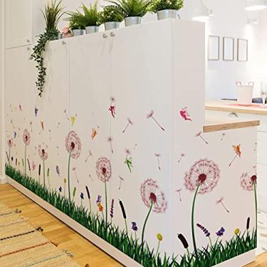 Imagem de ZARROUEA Decalques de parede de dente-de-leão laranja, decoração de vinil removível com flores borboletas, pássaros, design floral colorido rosa e preto para sala de estar, quarto, berçário