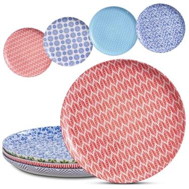 Imagem de Noevany Conjunto de 4 pratos de cerâmica estilo retrô boêmio de 25 cm, pratos de cerâmica para massas, bifes, lanches, pizza, bolo, pratos de servir coloridos para cozinha, micro-ondas, forno e
