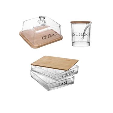 Imagem de Kit Queijeira Porta Frios Açucareiro Vidro com Bambu Wolff