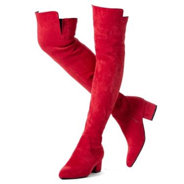 Imagem de N.N.G Botas femininas acima do joelho até a coxa camurça preta bloco baixo 5 cm salto grosso acima do joelho inverno bico fino, VermelhoSalto de 5 cm, 40