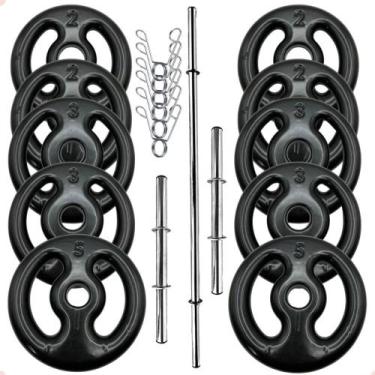 Imagem de Kit Anilhas Emborrachadas Preta 30 Kg + Barras com Presilhas - BOX ING