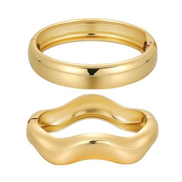 Imagem de Emibele 2 pulseiras de ouro para mulheres, pulseiras modernas irregulares de braço largo com dobradiças de ouro grosso para mulheres, joias grossas minimalistas, presentes para dia dos namorados