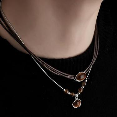 Imagem de Colar com 2 peças de cristais em camadas, olho de tigre, ametista, proteção de bênção da sorte, contas de chacra, pingente de pedra para mulheres e homens, ajustável (corrente de cobra + corda de