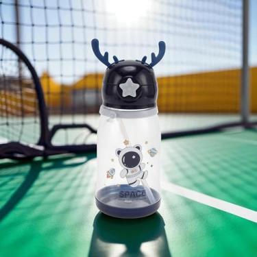 Imagem de 1 pç garrafa de água espaço temático alça chifre copo de palha 580ml PP PC silicone azul escuro 22 x 9 x 8 cm