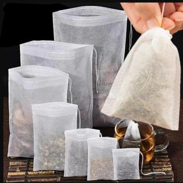 Imagem de 100 sacos de filtro de chá descartáveis com cordão, tecido não tecido, sacos de filtro de chá para café, especiarias, utensílios de cozinha de vários tamanhos, 10 cm x 12 cm