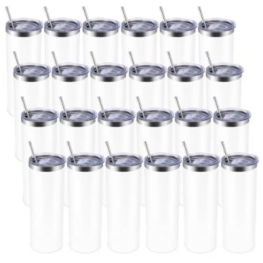 Imagem de Volhoply Pacote com 24 copos skinny com tampa e canudo, copo reto de aço inoxidável de 590 ml, caneca de café isolada a vácuo para casa, escritório, viagens, faça você mesmo (branco, pacote com 24)