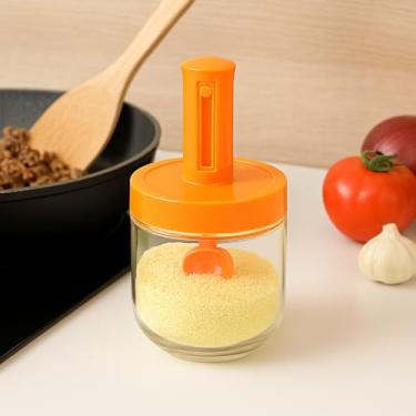 Imagem de Pote de vidro para temperos com colher telescópica, conjunto de saleiro e pimenteiro, garrafa de armazenamento de condimentos de cozinha à prova de umidade (laranja)