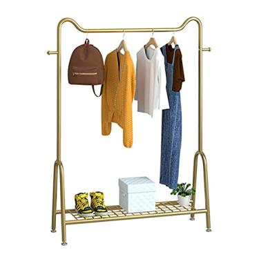 Imagem de Cabide de metal para roupas estilo nórdico com prateleira de armazenamento inferior, trilho de roupas resistente para uso doméstico/varejo, dourado