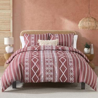 Imagem de MYOTA Capa de edredom Queen - 100% algodão boêmio boêmio capa de edredom tamanho king, 3 peças de textura macia respirável conjunto de capas de edredom para todas as estações (vinho, 228 x 228 cm, sem