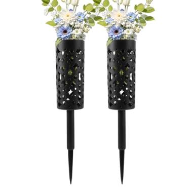 Imagem de Vaso de sepultura | 2 vasos de flores de estaca | Suporte decorativo resistente de metal floral oco para jardim, memorial e pátio externo